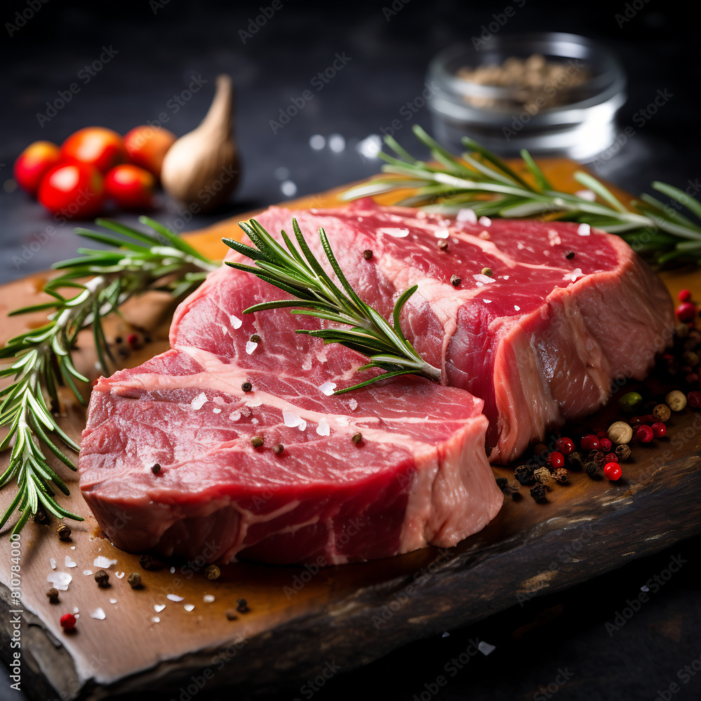 Raw beef steak with rosemary and peppercorns on cutting board Raw beef steak with rosemary and peppercorns on cutting board