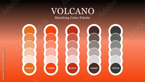 Set of volcano color palette combination in rgb hex. Matching color palette guide swatch catalog collection with RGB HEX color combinations. Suitable for Branding, fashion, home, or interior design.