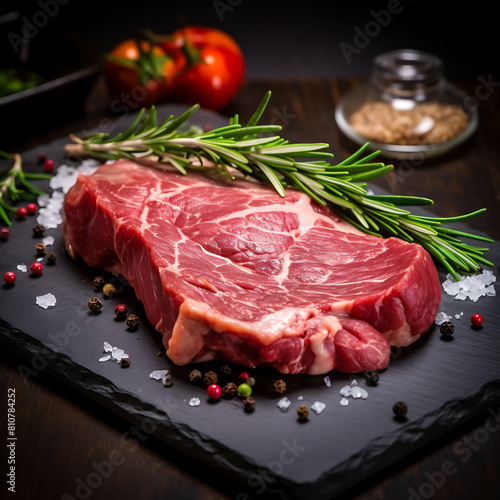 Raw beef steak with rosemary and peppercorns on cutting board