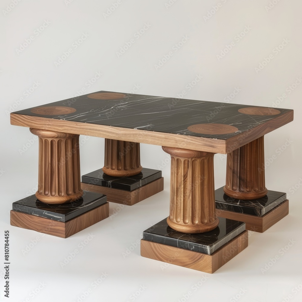 Elegant marble and wood coffee table with decorative columns Elegant marble and wood coffee table with decorative columns