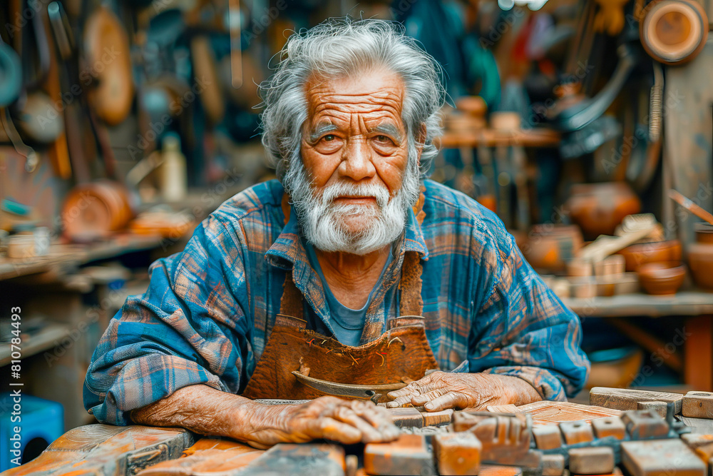 Senior artisan with a weathered face pauses, surrounded by woodworking tools Senior artisan with a weathered face pauses, surrounded by woodworking tools