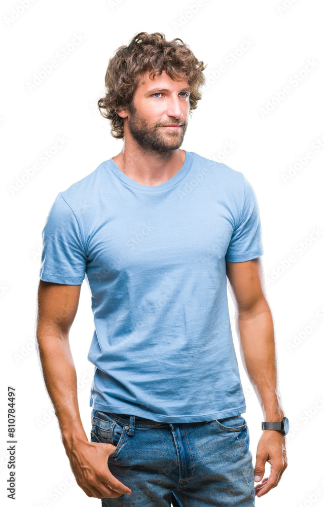 Handsome hispanic model man over isolated background looking away to side with smile on face, natural expression. Laughing confident. Handsome hispanic model man over isolated background looking away to side with smile on face, natural expression. Laughing confident.