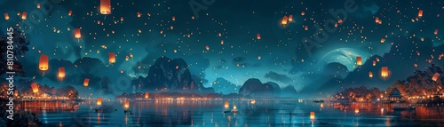 A digital painting of a Thai lantern festival, with thousands of floating lanterns lighting up the night sky, creating a serene, magical ambiance