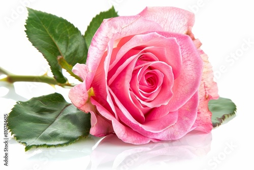 beautiful pink rose with green leaves photo