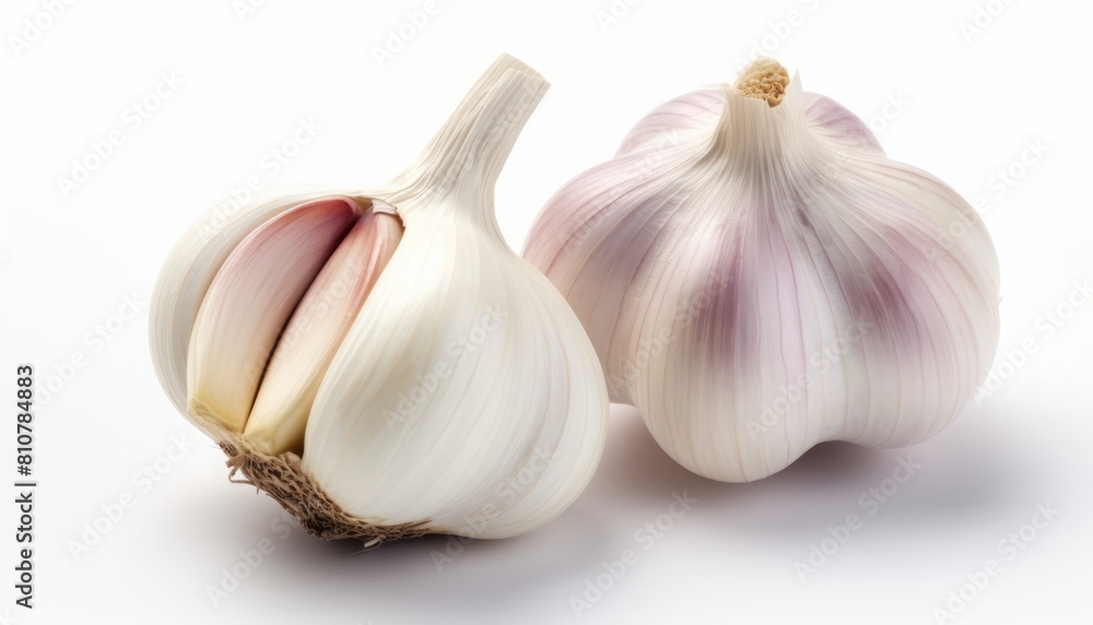 Obraz premium AI generated illustration of two cloves of garlic, one unpeeled