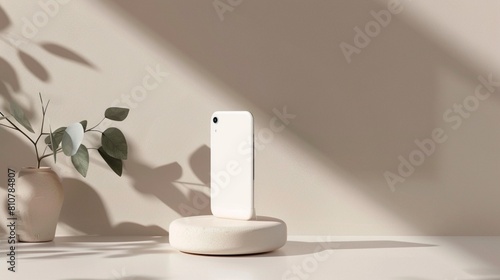 A minimalist design concept featuring a smartphone on a porcelain stand emphasizing clean lines and pure aesthetics