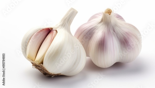 AI generated illustration of two cloves of garlic, one unpeeled