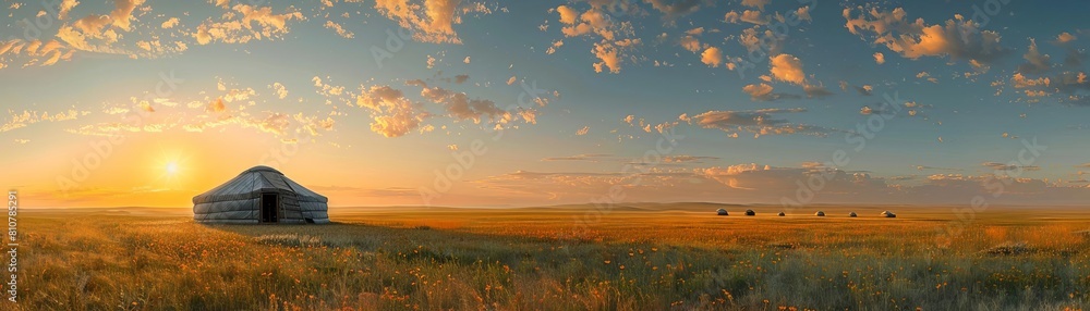 A panoramic digital painting of the Mongolian steppe at dawn, with traditional gers scattered among vast, open grasslands under a wide, awakening sky