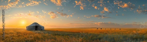 A panoramic digital painting of the Mongolian steppe at dawn, with traditional gers scattered among vast, open grasslands under a wide, awakening sky photo
