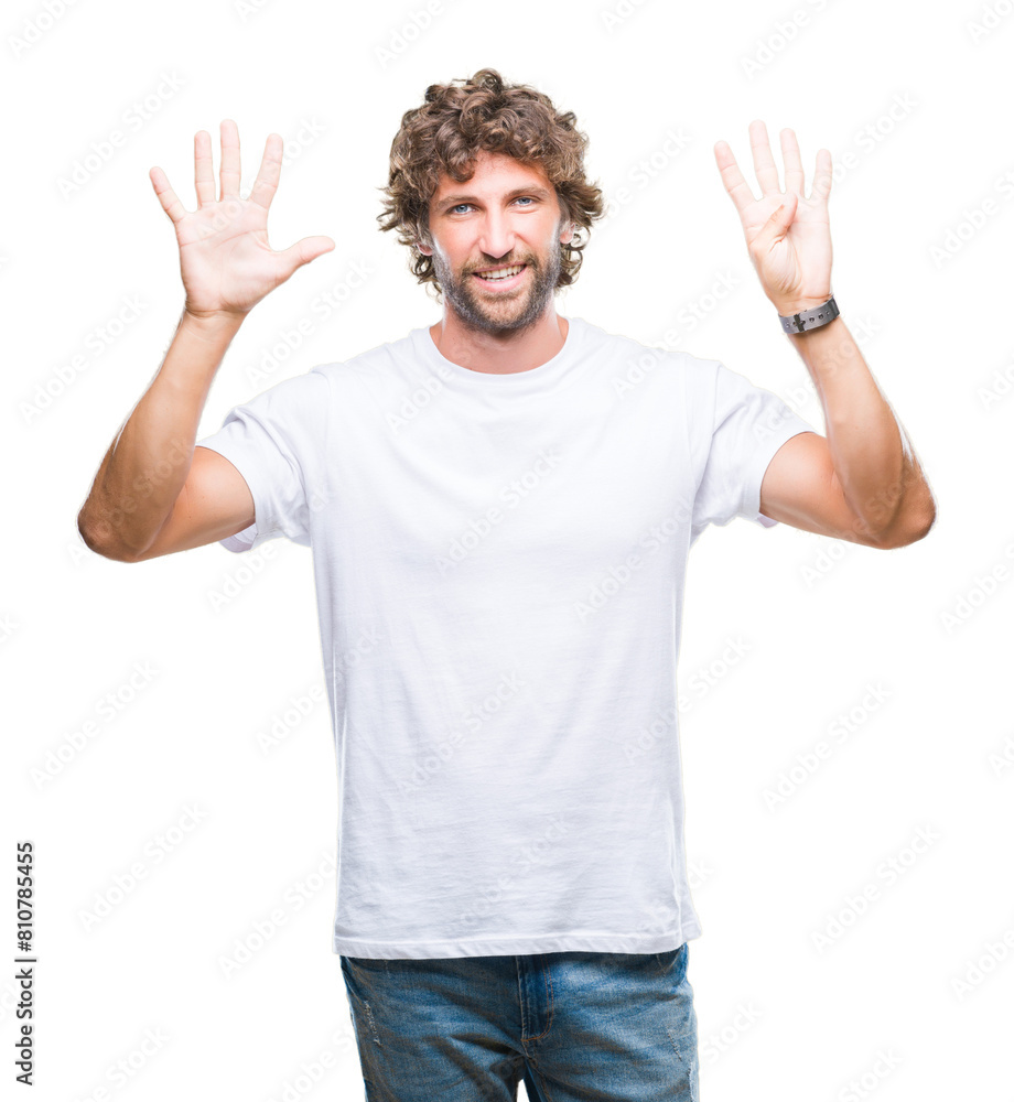 Handsome hispanic model man over isolated background showing and pointing up with fingers number nine while smiling confident and happy. Handsome hispanic model man over isolated background showing and pointing up with fingers number nine while smiling confident and happy.