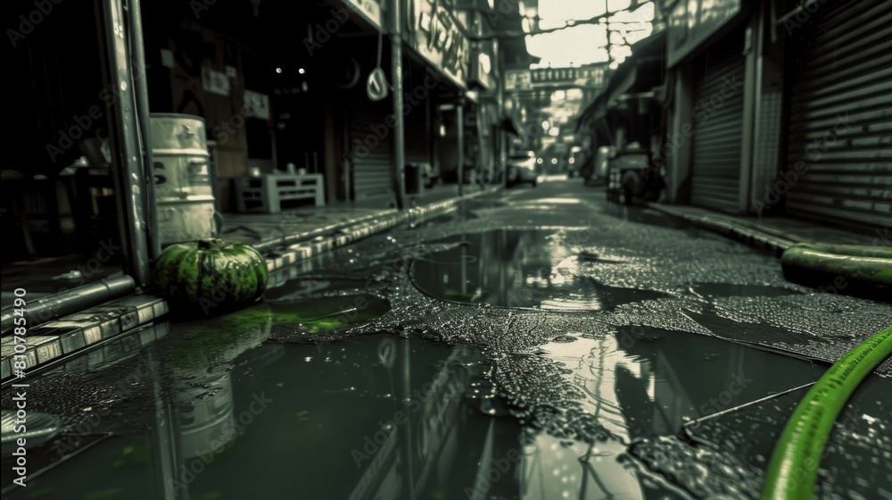 Photograph depicting the reflection of city lights on a rain-soaked street.