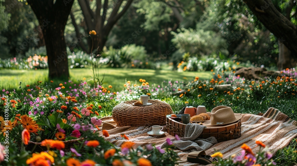 Picnic in a tranquil botanical garden with a colorful array of blooming flowers Picnic in a tranquil botanical garden with a colorful array of blooming flowers