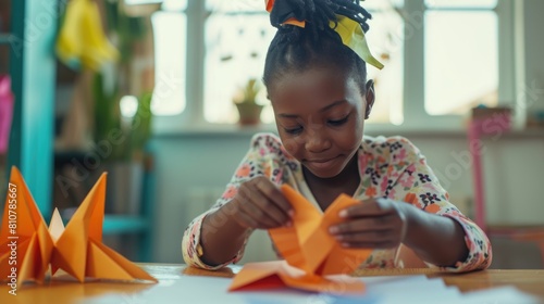 African Preschooler Girl Folding Paper Craft, Preparation for Origami Convention Exhibition Photo. Fictional Character Created By Generative AI.  photo