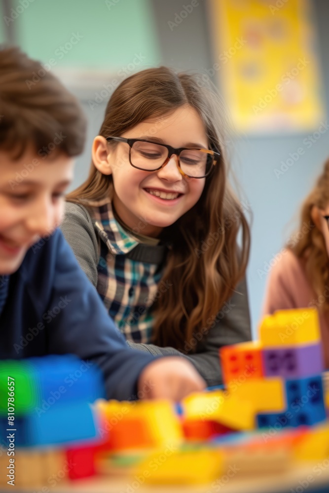 American Preschoolers Playing Blocks in Classroom, Back To School Closeup Photo. Fictional Character Created By Generative AI. American Preschoolers Playing Blocks in Classroom, Back To School Closeup Photo. Fictional Character Created By Generative AI.