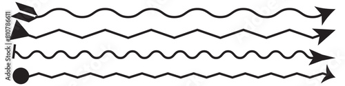 Black straight long arrow in hand drawn style. Arrow shape element pointimg right.3 different arrows. Vector illustration. eps 10