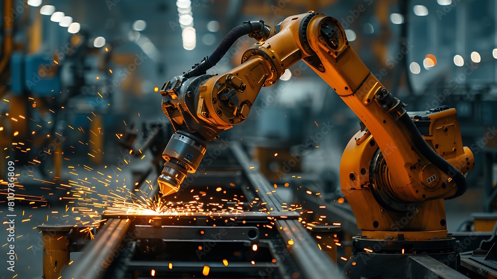Robotic arm performs welding in industry. Robotic arm performs welding in industry.