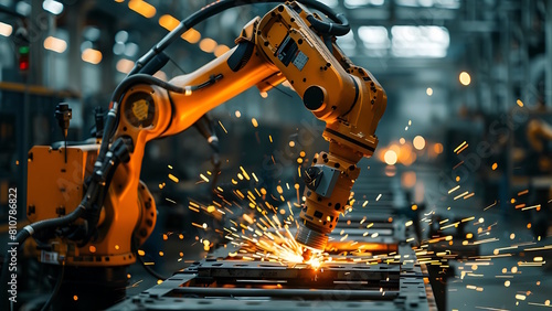 Robotic arm performs welding in industry.