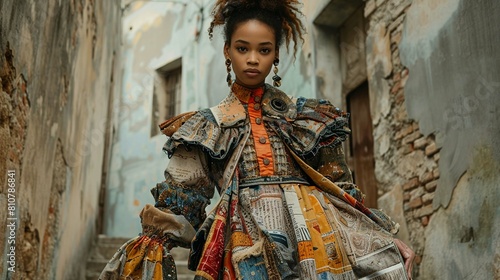 A model poses in a striking ensemble of reused materials, her outfit blending oldworld charm with modern fashion sensibilities photo