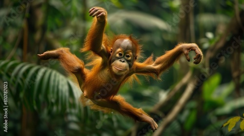 Cute Baby Orangutan Playfully Swinging in Green Jungle - Side View Telephoto Photo