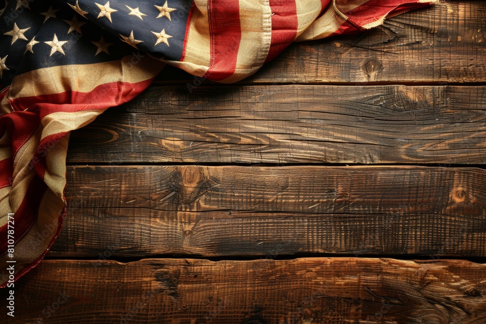 Obraz premium Rustic American Flag Draped Over Wooden Planks 
