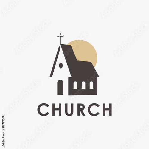 Minimalist Sun and negative space church logo vector icon on white background