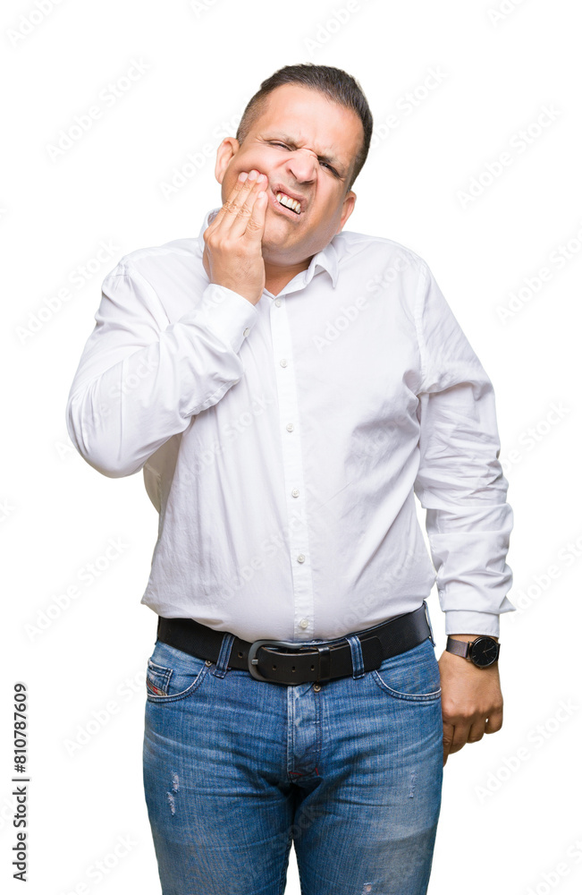 Middle age arab elegant man over isolated background touching mouth with hand with painful expression because of toothache or dental illness on teeth. Dentist concept. Middle age arab elegant man over isolated background touching mouth with hand with painful expression because of toothache or dental illness on teeth. Dentist concept.