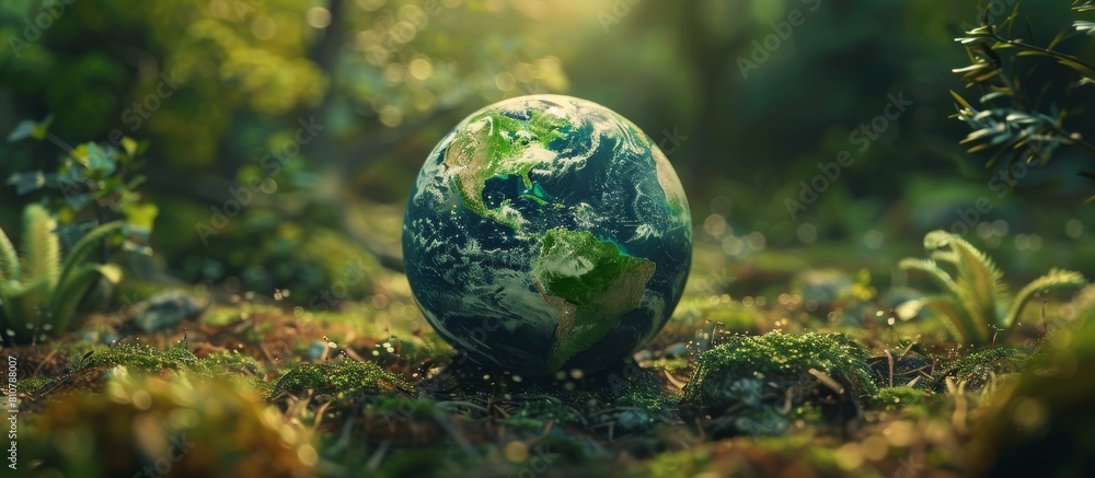 Eco-Friendly Planet Earth Globe Surrounded by Lush Greenery, Symbolizing Environmental Care and Sustainability, Happy Earth Day Green concept