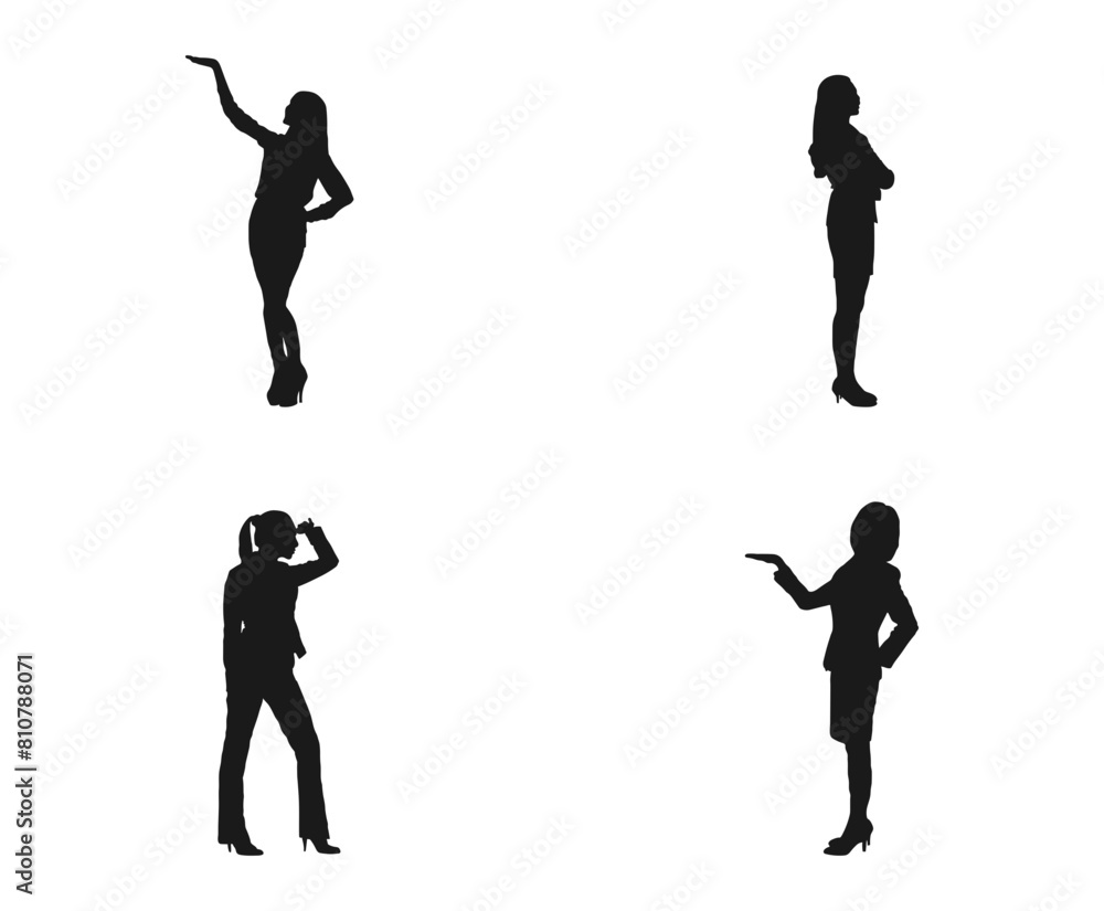 Business Women silhouette set. Business men and women, group of people at work. vector business woman black silhouette walk step forward full length. black color isolated on white background.