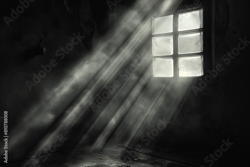 AI generated illustration of sunlight streaming through window of dilapidated building