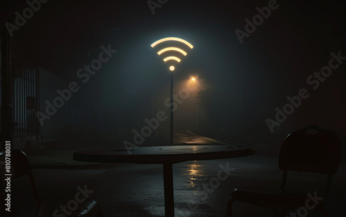 Neon and glowing Wi-Fi sign on dark street background. The concept of wireless Internet availability anywhere in city photo