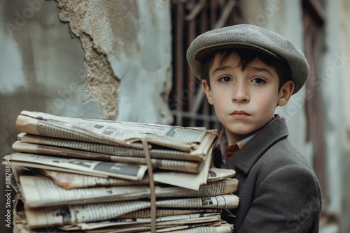 AI generated illustration of a young boy holding newspapers in front of a vintage building