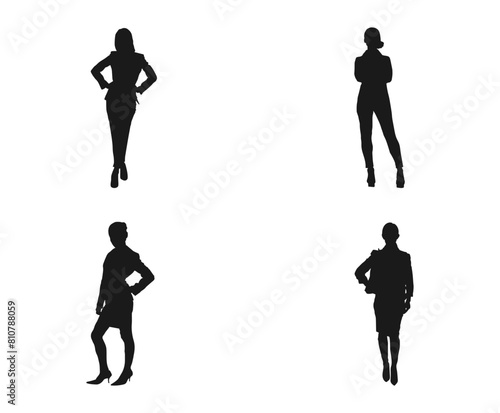 Business Women silhouette set. Business men and women  group of people at work. vector business woman black silhouette walk step forward full length. black color isolated on white background.