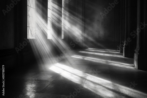 AI generated illustration of sunlight streams through windows in grayscale