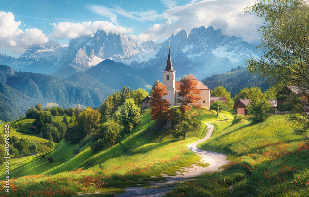 A picturesque scene of an Italian village nestled in the Alps, with its charming church standing tall amidst lush green meadows and rolling hills