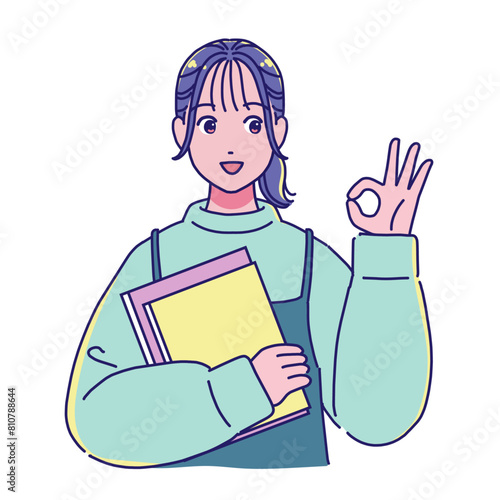 本を持つアニメ風の女子学生