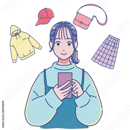 スマホで洋服を買う・売る女の子
