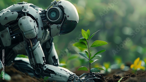 Robot plants green seedlings in the ground.