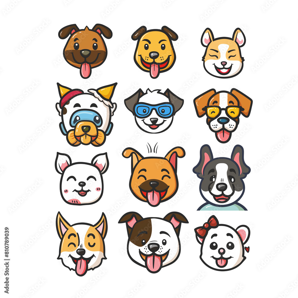 Fototapeta premium Collection of adorable cartoon dog faces wearing various accessories, such as hats, glasses, and bows, capturing the playful and diverse personalities of pets in a delightful illustrated style - AI ge