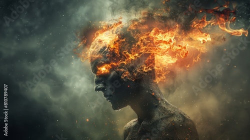 A conceptual depiction featuring a figure with a head engulfed in fiery flames symbolizes intense emotions like anger, stress, or the emergence of a profound idea. photo