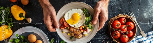 Fitness coach preparing a postworkout meal featuring a softboiled egg with a perfectly runny yolk photo