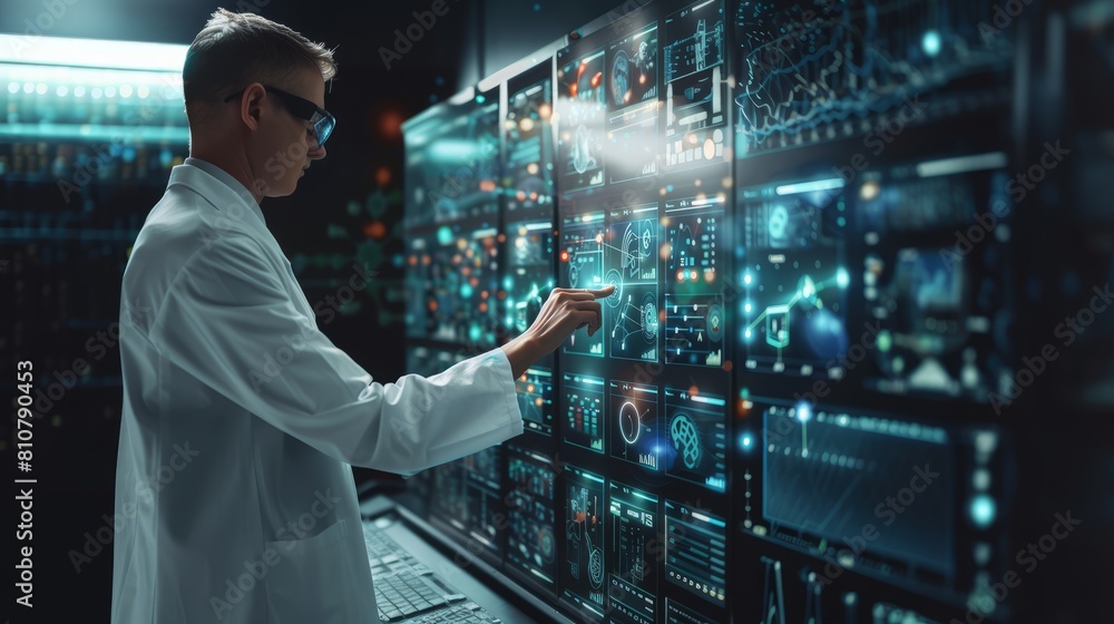scientist utilizes an advanced dashboard to analyze cutting-edge scientific and research data, embodying a futuristic approach to technology. scientist utilizes an advanced dashboard to analyze cutting-edge scientific and research data, embodying a futuristic approach to technology.