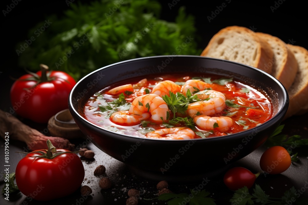 Shrimp soup with tomato. AI generated Shrimp soup with tomato. AI generated