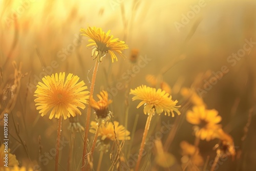 Field of dandelion in sunset