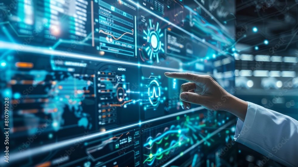 scientist utilizes an advanced dashboard to analyze cutting-edge scientific and research data, embodying a futuristic approach to technology. scientist utilizes an advanced dashboard to analyze cutting-edge scientific and research data, embodying a futuristic approach to technology.