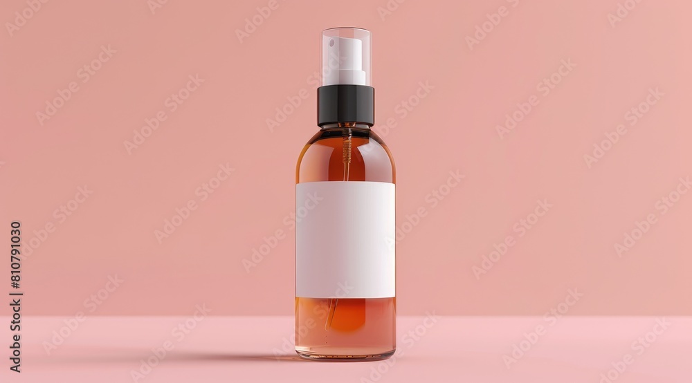 Transparent amber spray bottle with clear color liquid inside. Transparent amber spray bottle with clear color liquid inside.