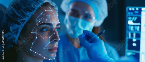 In this image, a plastic surgeon draws lines on the face of a female patient for future facelift operations. A nurse plots on a computer the procedures to be performed for a facelift, cheekbones, and photo
