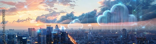 Skyline view of a city with digital clouds representing cloud computing infrastructure overlaying the buildings photo