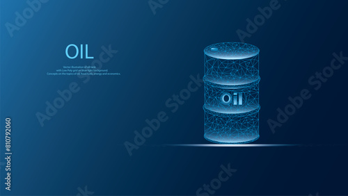Oil barrel created by low poly mesh frame on blue light background. Vector illustration of oil and energy theme in modern style.