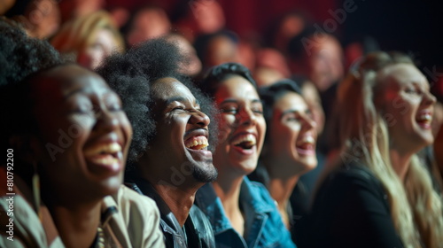 Diverse group of people share a moment of joy  laughing out loud together at an evening event