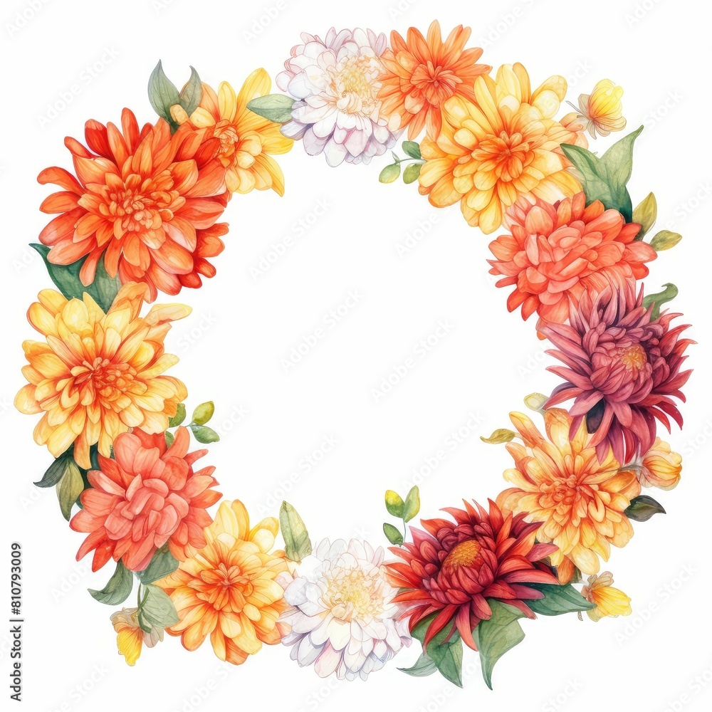 Obraz premium chrysanthemum themed frame or border for photos and text. bold and vibrant blooms. watercolor illustration, wedding invitation card template set with flowers and floral